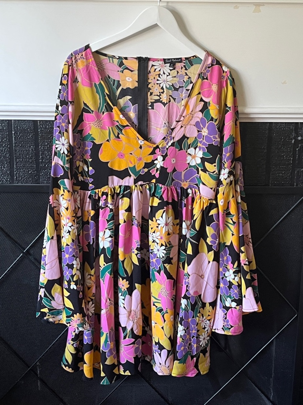 Smak Parlour Floral Mini Babydoll Dress Bell Sleeve in Pink, Yellow, Black sz XL